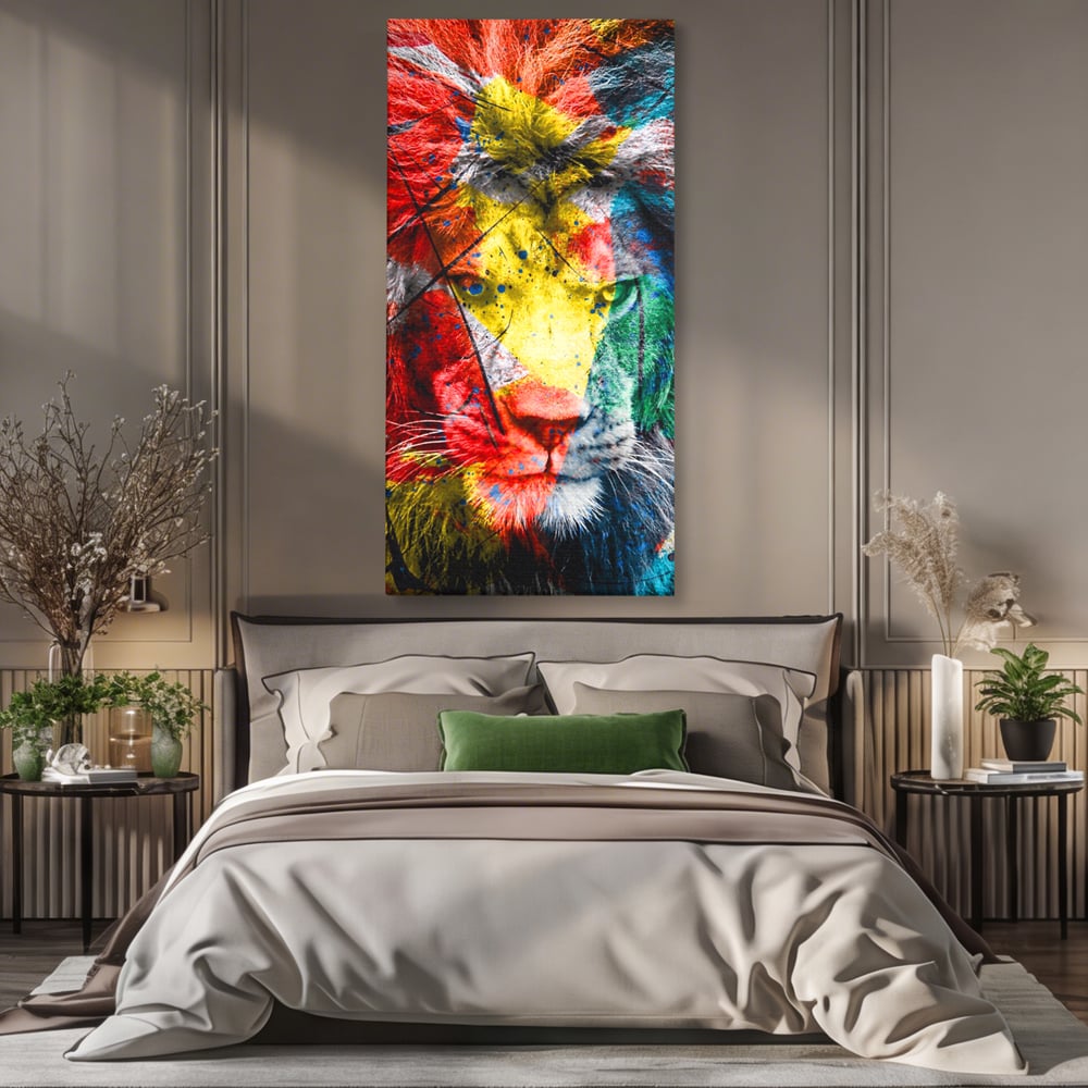 Tablou canvas cu tablou canvas cu leu colorat, fara rama, pe sasiu de lemn, pe perete intr-un dormitor